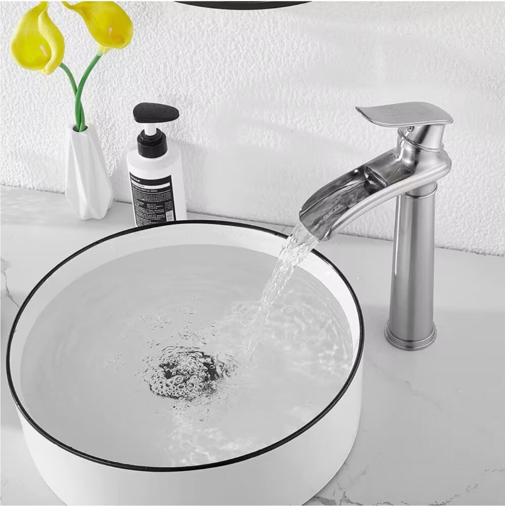 Waterfall Tall Spout Single Hole Single Handle Vessel Sink Faucet in Brushed Nickel