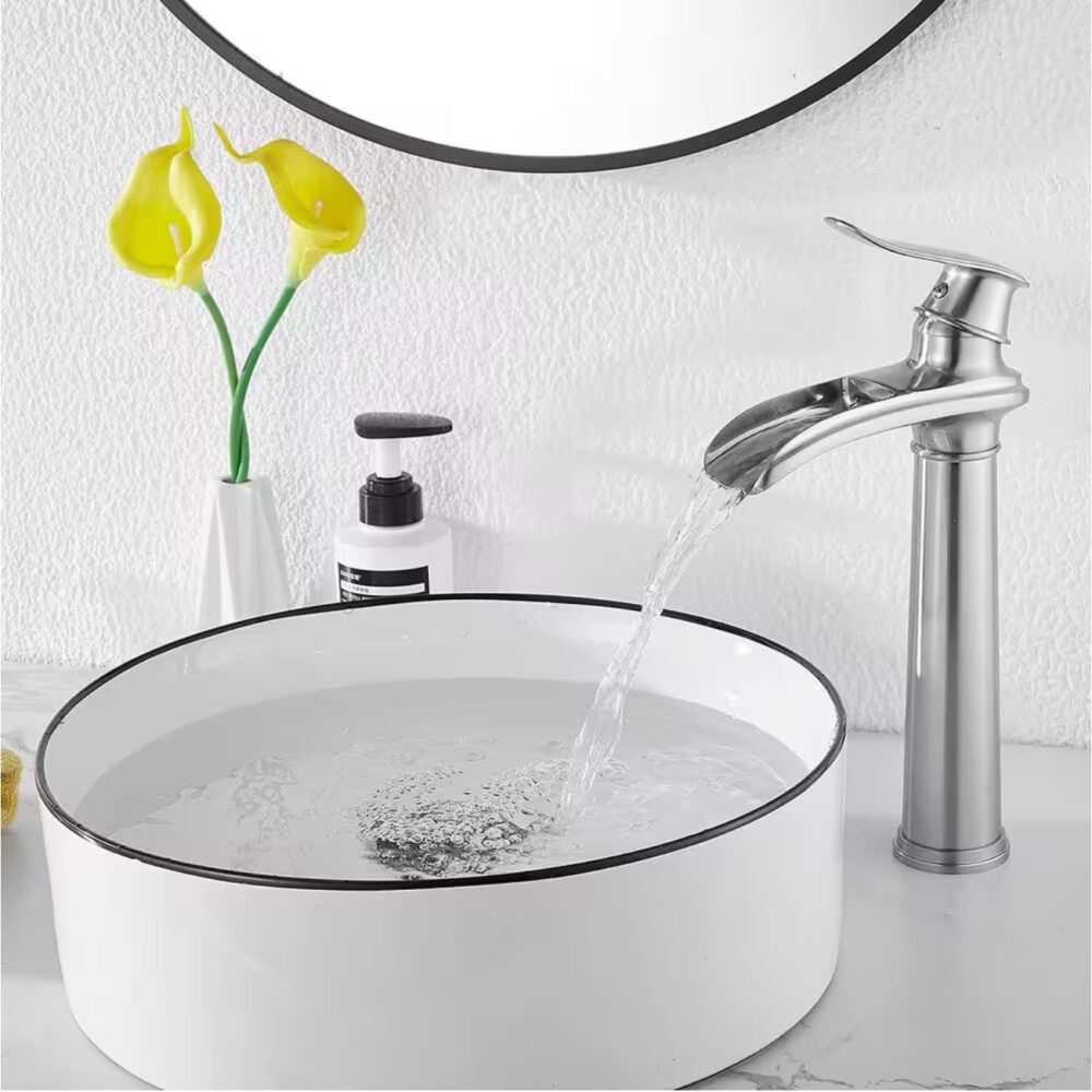 Waterfall Tall Spout Single Hole Single Handle Vessel Sink Faucet in Brushed Nickel - Image 2