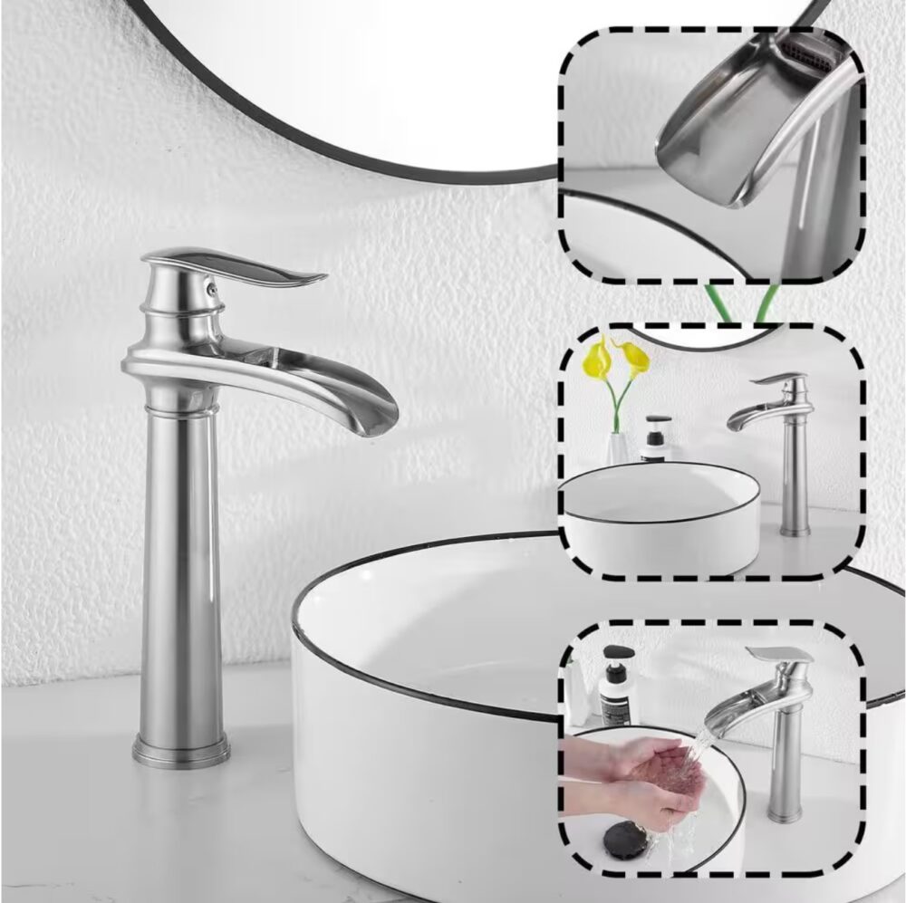Waterfall Tall Spout Single Hole Single Handle Vessel Sink Faucet in Brushed Nickel - Image 3