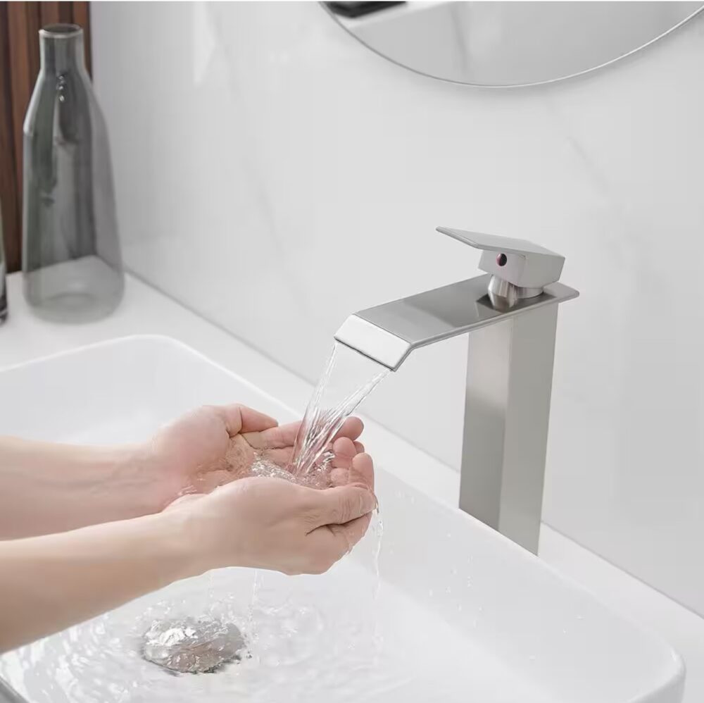 Waterfall Single Hole Single Handle Bathroom Vessel Sink Faucet With Pop-up Drain Assembly in Brushed Nickel - Image 2