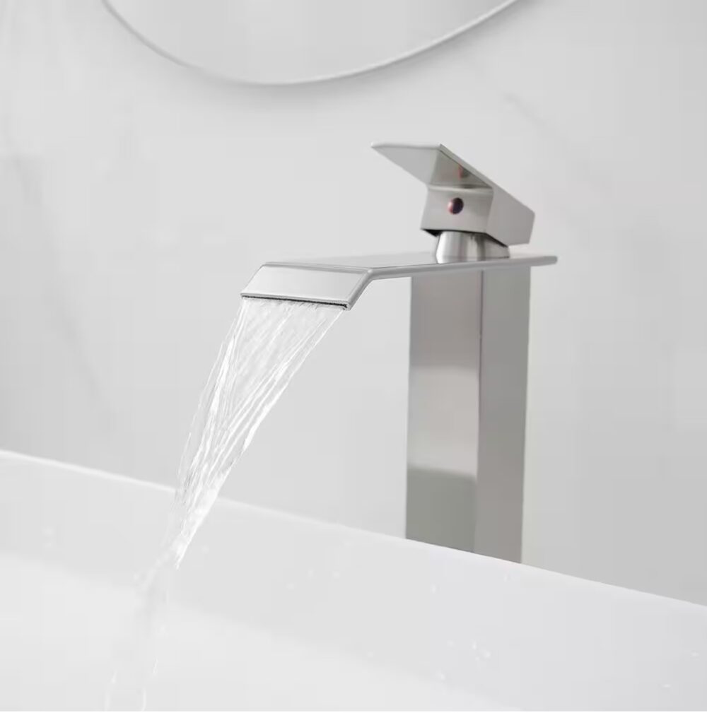 Waterfall Single Hole Single Handle Bathroom Vessel Sink Faucet With Pop-up Drain Assembly in Brushed Nickel