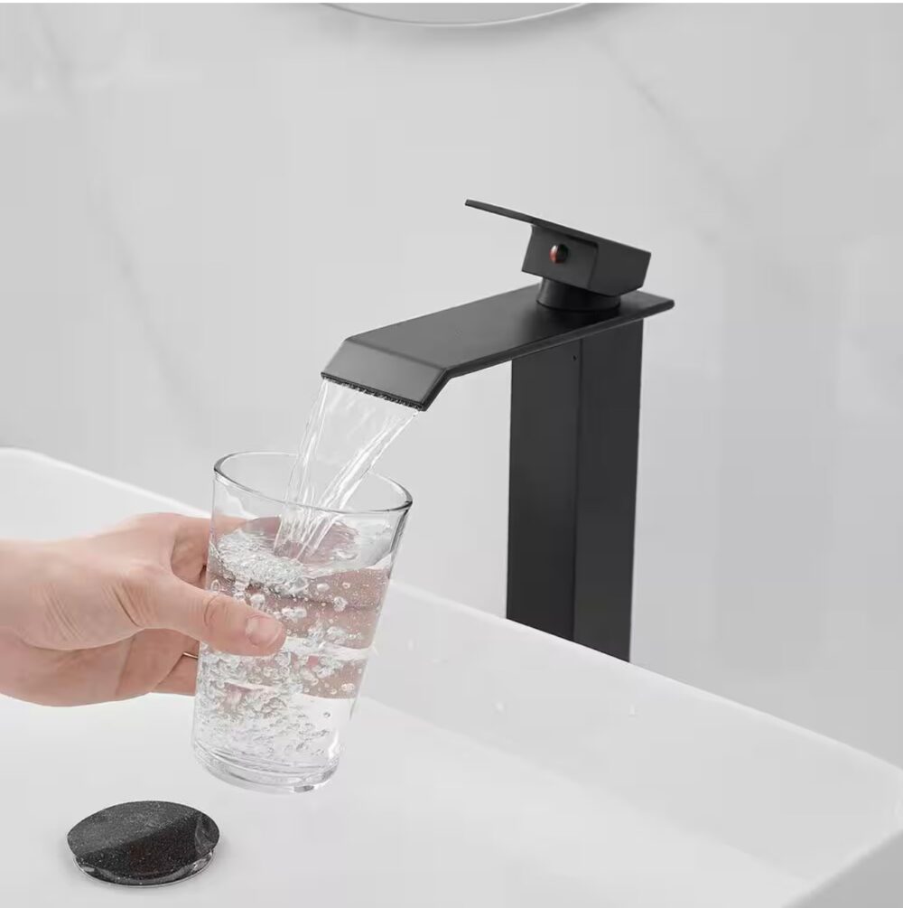 Waterfall Single Hole Single Handle Bathroom Vessel Sink Faucet With Pop-up Drain Assembly in Matte Black - Image 2