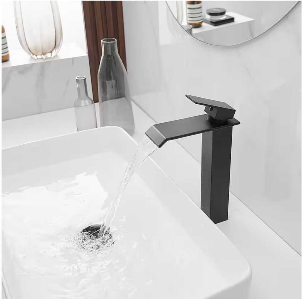 Waterfall Single Hole Single Handle Bathroom Vessel Sink Faucet With Pop-up Drain Assembly in Matte Black
