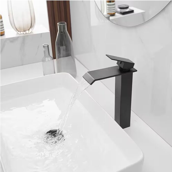 Waterfall Single Hole Single Handle Bathroom Vessel Sink Faucet With Pop-up Drain Assembly in Matte Black
